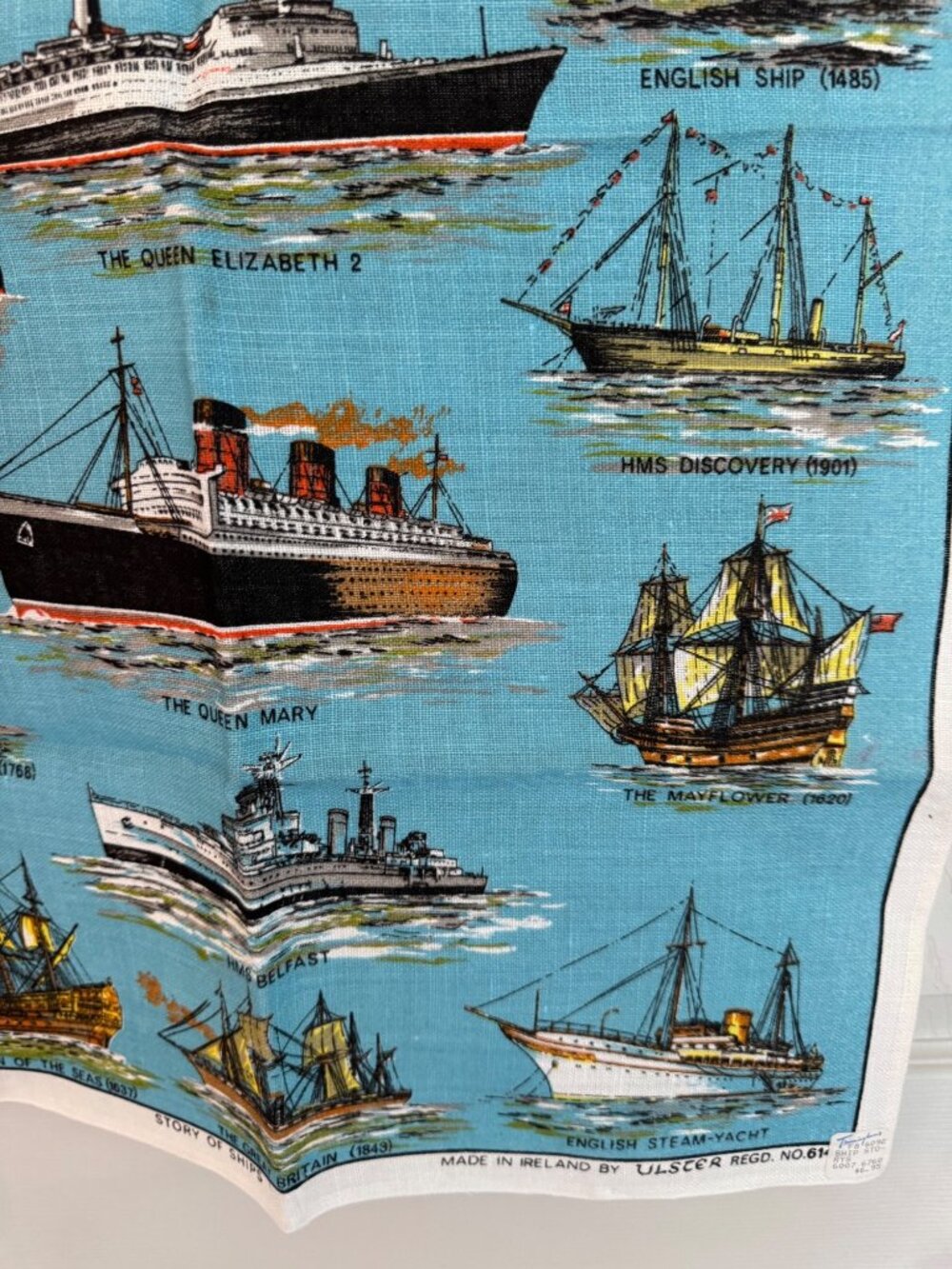 Story Of Ships Vintage Linen Tea Towel Ulster Ireland 30x19 Blue Nautical Theme - Picture 13 of 14